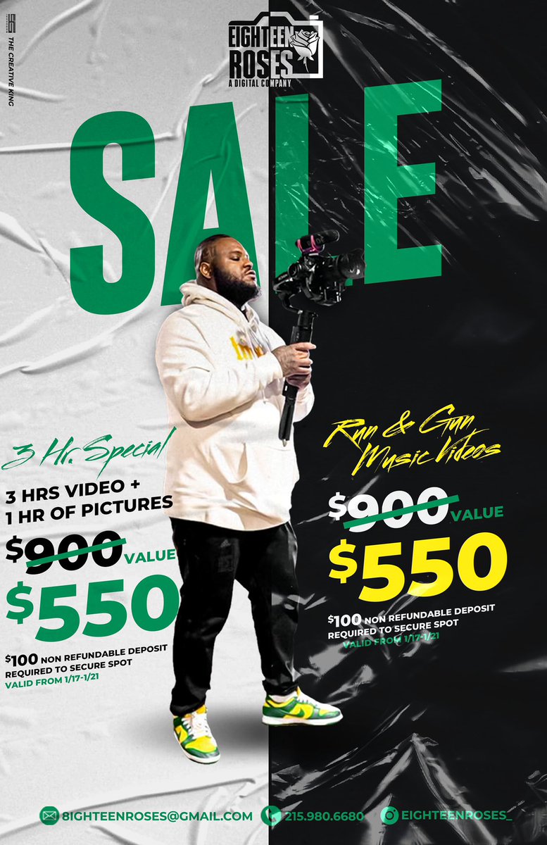 eighteenroses_ Presents : New Years Sale 
For Recaps Include 3hrs Of Video + 1 Hr Of Pictures For $550 

Run &amp; Gun Music Videos $550 Must Have $100 Deposit To Lock In All Slots 

Email : 8ighteenroses@gmail.com
Instagram : eighteenroses_ 
Mobil Phone : 215-980-7620