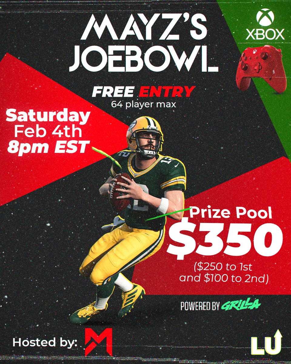 lobbyupesports's tweet photo. 🚨 MARK YOUR CALENDERS 🚨

@Mayzomatic Will be hosting an XB MUT tourney on Probowl weekend - The "JoeBowl" and a PS5 Tourney on SB weekend. Both events are a $350 prize pool with free entry made possible by our friends at @Grilla 

Max of 64 players! Signup links for both below! https://t.co/64xOSXwemQ