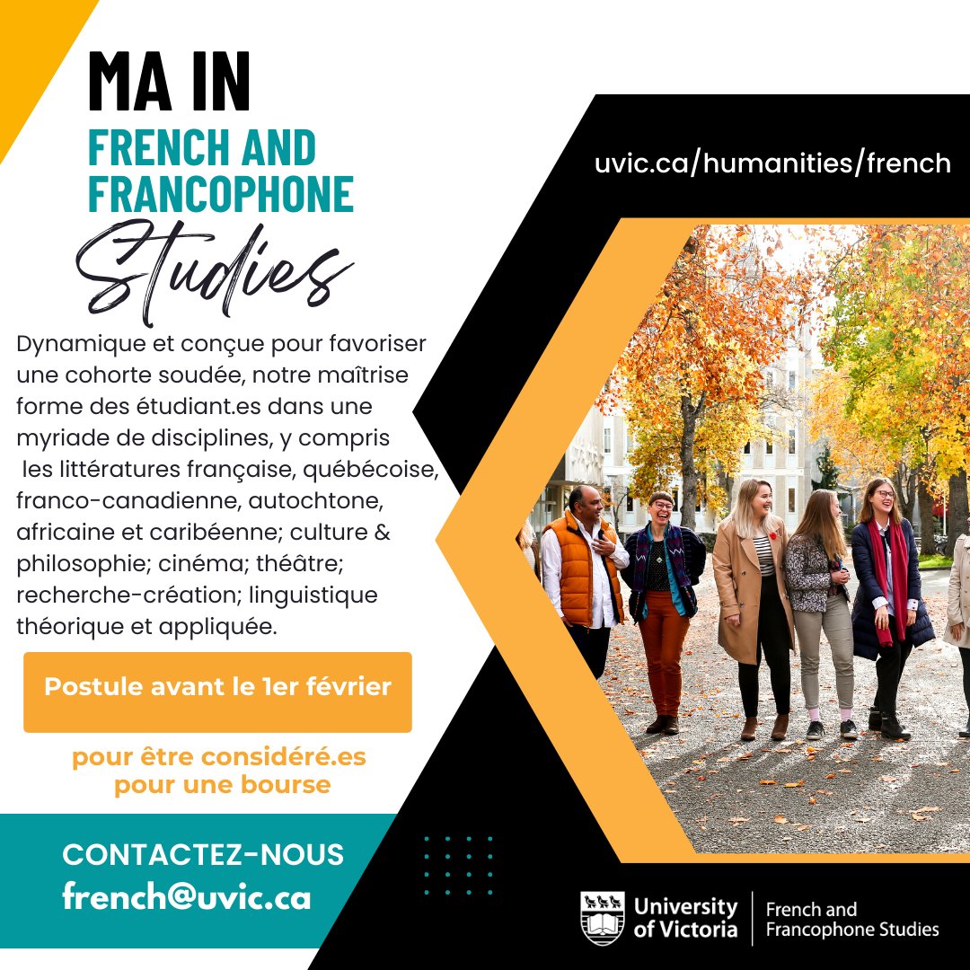 Littératures française, québécoise, franco-canadienne, autochtone, africaine &amp; caribéenne; culture &amp; philosophie; cinéma; théâtre; recherche-création; linguistique théorique &amp; appliquée; notre maîtrise est conçue pour favoriser une cohorte soudée &amp; vivante bit.ly/3XUPBar