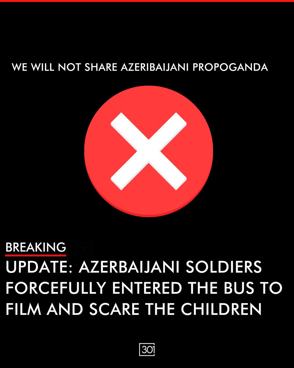 301arm's tweet image. Earlier, we reported 19 children being reuniting with their families in Artsakh with the help of the Russian peacekeepers.

More details have emerged, near the blockade on the road, 15 masked Azerbajani agents stormed inside the bus insulting &amp;amp; scaring the children while filming.