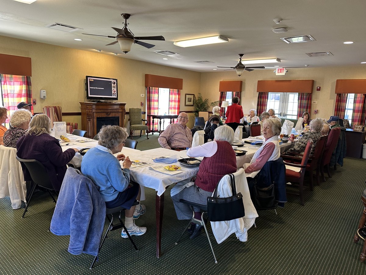Our Villa clubhouse hosted a Lunch and Learn today that covered “Outsmarting the scammers.” 

Everyone in the room learned something and left with their bellies full! Don’t miss our next Lunch and Learn on February 7th with Grace at Home!