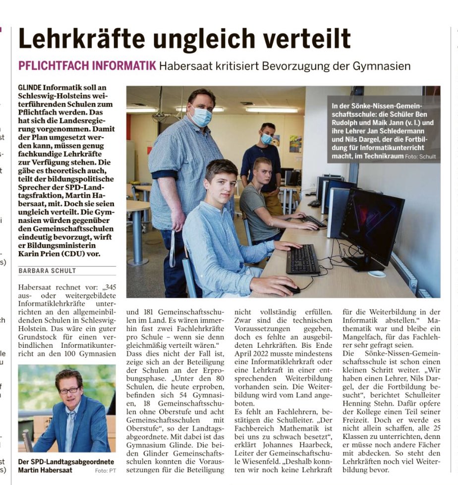 martinhabersaat's tweet image. Ungleiche Startvoraussetzungen für Gemeinschaftsschulen und Gymnasien beim Anlauf auf das Pflichtfach #Informatik. So berichtet die Glinder Zeitung.