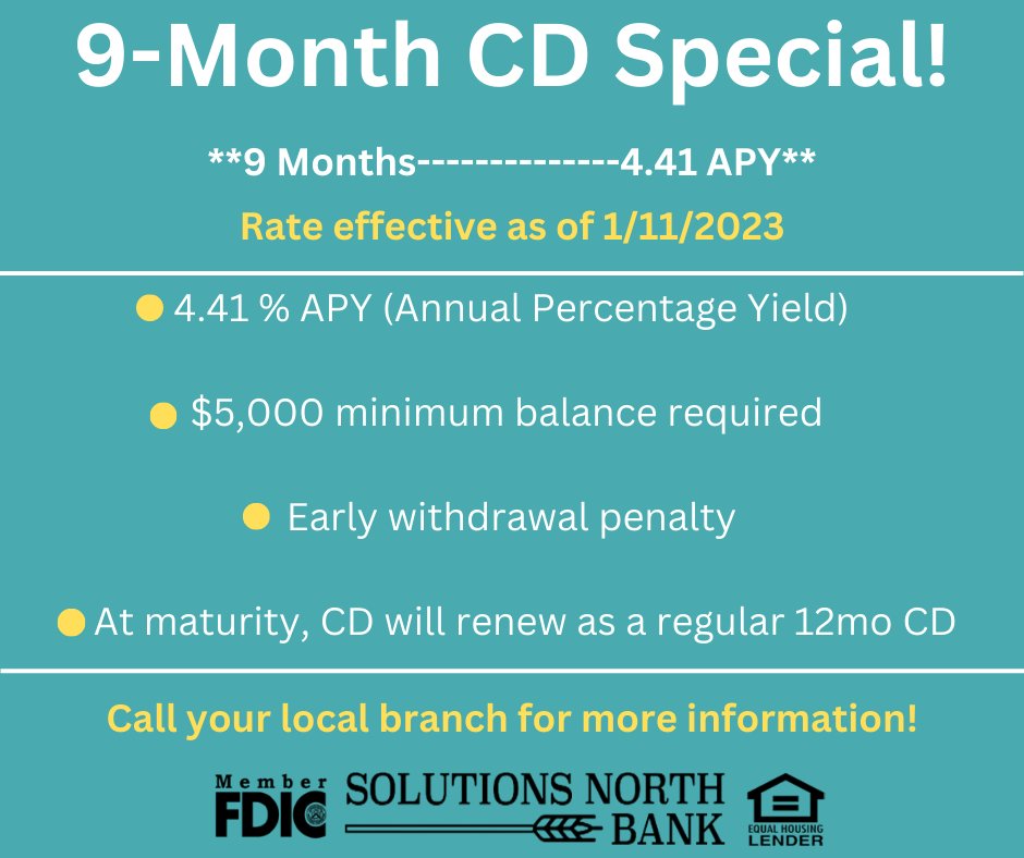 snbbankks's tweet photo. Have you heard?  Solutions North Bank is offering a 9-month CD at a really great rate!  Call your local branch for more information.  You don’t want to miss out on this offer! https://t.co/OCq7tQ2I2C