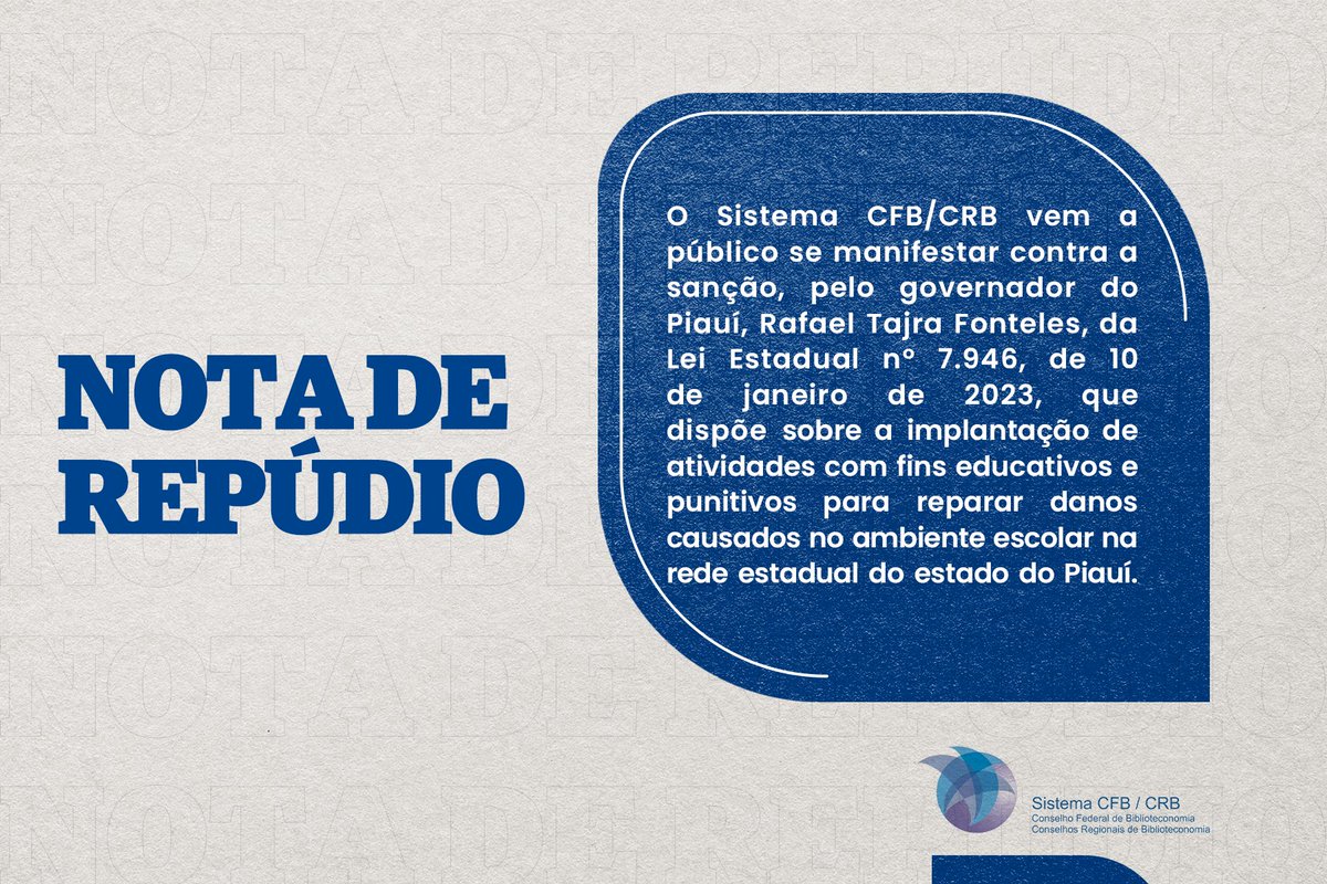 SistemaCFB's tweet photo. O Sistema CFB/CRB vêm manifestar, publicamente, REPÚDIO à sanção, pelo governador do Piauí, Rafael Tajra Fonteles, da Lei Estadual nº 7.946

Leia na íntegra: https://t.co/u58YDGQqeD https://t.co/3rA85aFnud