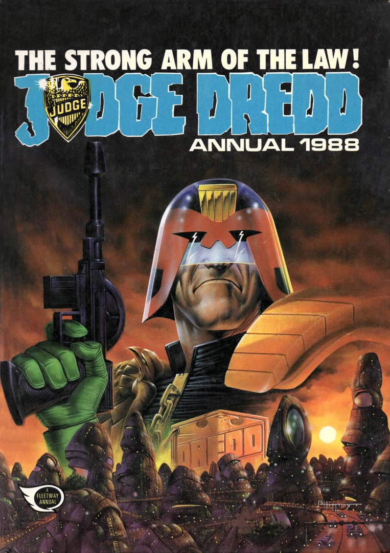 superfuturetro's tweet image. Judge Dredd Annual, cover by John Higgins @RazorJackRealm (1988), IPC Magazines Ltd. (London).

#comics #comicart #retro #1980s #2000ad #judgedredd #coverart #cityscape #uk #britain #british #sciencefiction #scifi #sf #futuristic