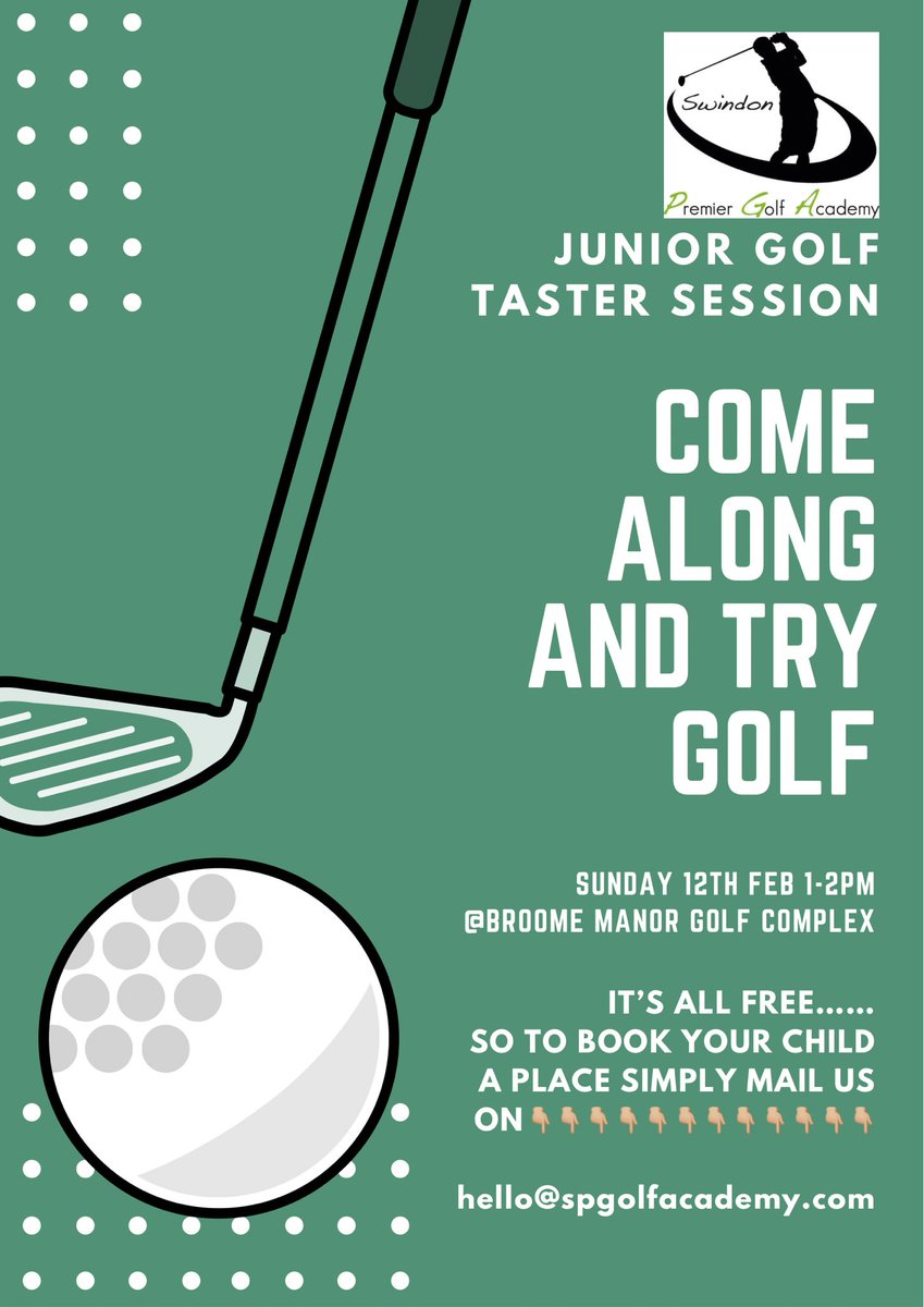 spgolfacademy's tweet photo. FREE children’s try golf lesson⛳️
Sunday 12th February 1-2pm at @broomemanorgolf 
If you would like to give your child a go, feel free to bring them along ITS FREE and all equipment provided, to book simply 👇🏼
📧hello@spgolfacademy.com 
#juniorgolflessons #swindon #wiltshiregolf https://t.co/vgOQGO7PZo