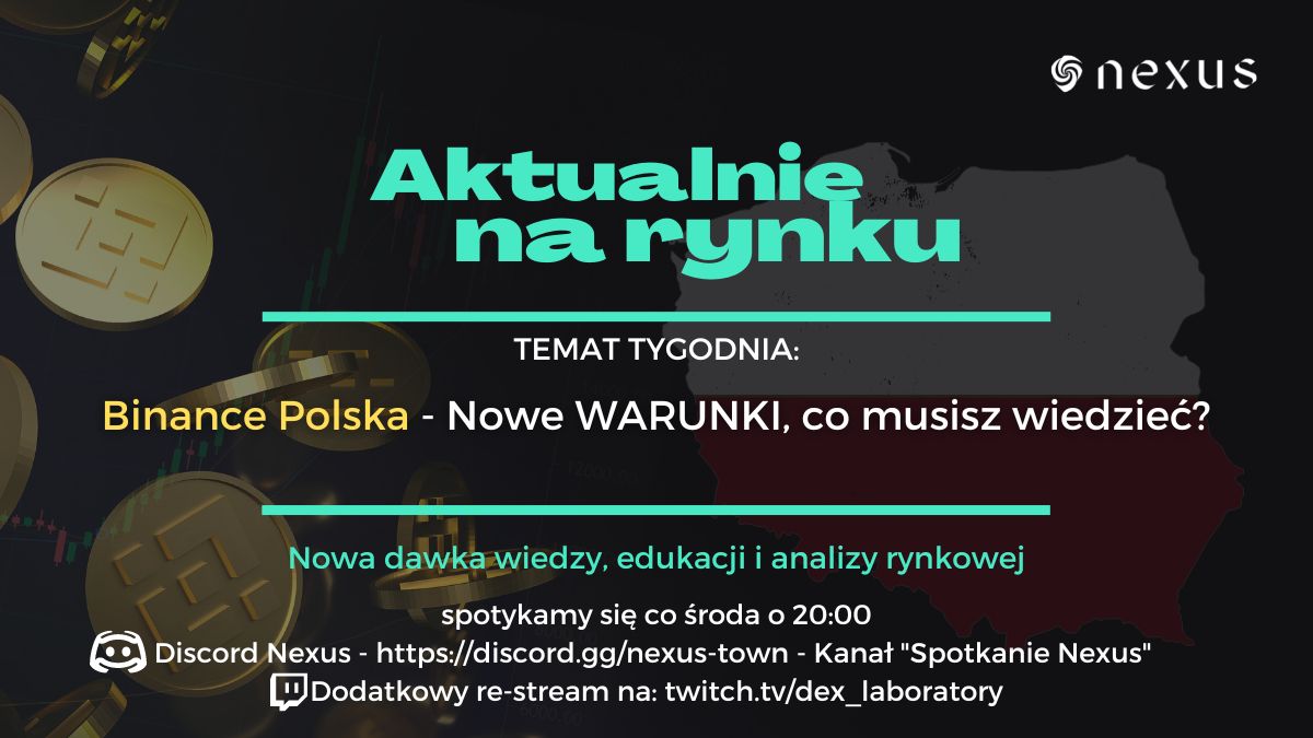 DEXLaboratory4's tweet photo. 📈  Cotygodniowe spotkanie "Aktualnie na Rynku"

Temat tygodnia: Binance Polska - Nowe WARUNKI, co musisz wiedzieć?

📆  Kiedy: Środa, godzina 20.00
 ❓ Gdzie:  Discord Nexus, kanał "Spotkanie Nexus"

#Binance #Polska #Warunki #teamnexus https://t.co/3vEv2BJuQl