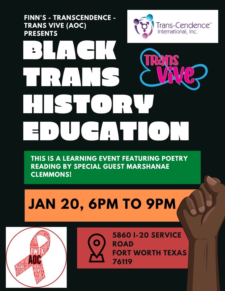 Trans_CendIntl's tweet photo. This Friday we're teaming up with Trans Vive at Finn's Place. Starting at 6pm there will be a learning event with poetry read by Marshanae Clemmons! Stick around after the poetry for some chill hangout time with us and some crafts! 

#Trans #BlackHistoryMonth #fortworthtx https://t.co/0eJEIwPevk