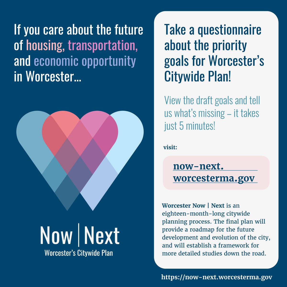 TweetWorcester's tweet photo. Visit the Now | Next link in our bio (https://t.co/aR2BR1MRXN) to complete the questionnaire. The deadline has been extended to January 31st!
#cityofworcester #worcesterma #nownext https://t.co/LqqJdik44Q
