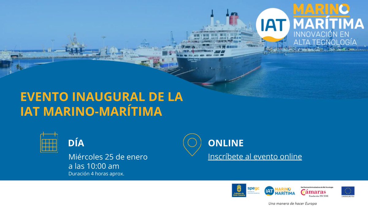¡Inauguramos la #IATMarinoMarítima! El 25 de enero celebraremos el acto de presentación de la incubadora y de su programa de actividades previsto para 2023  ⬇
eventbrite.com/e/entradas-act…
#SPEGC <a href="/FundacionINCYDE/">Fundación INCYDE</a> <a href="/plocan/">Plataforma Oceánica de Canarias (PLOCAN)</a> <a href="/ITCCANARIAS/">Instituto Tecnológico de Canarias (ITC). Gobcan</a> <a href="/ULPGC/">ULPGC</a> <a href="/LasPalmasPorts/">Puertos de Las Palmas</a> <a href="/CMaritimoC/">Clúster Marítimo de Canarias</a>