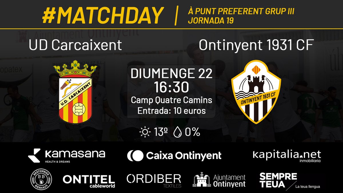 📝 #PròximPartit | Este diumenge visitem un equip reforçat que vol assegurar-se la presència entre els vuit primers i mira cap amunt. Necessitem l'afició!
⚽️ @CarcaixentD - <a href="/ontinyent1931cf/">Ontinyent 1931 CF</a> 
🗓️ Diumenge 22 🕟 16:30
🎫 10 euros
🏆 #ÀPuntPreferentG3 | #Jornada19
📍 Quatre Camins