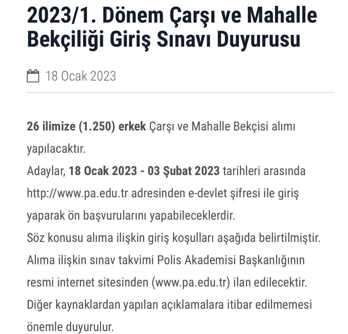 2023/1. Dönem 1250 kişi Çarşı ve Mahalle #Bekçi alımı yapılacaktır. Başvurular pa.edu.tr sitesinden yapabilirsiniz.