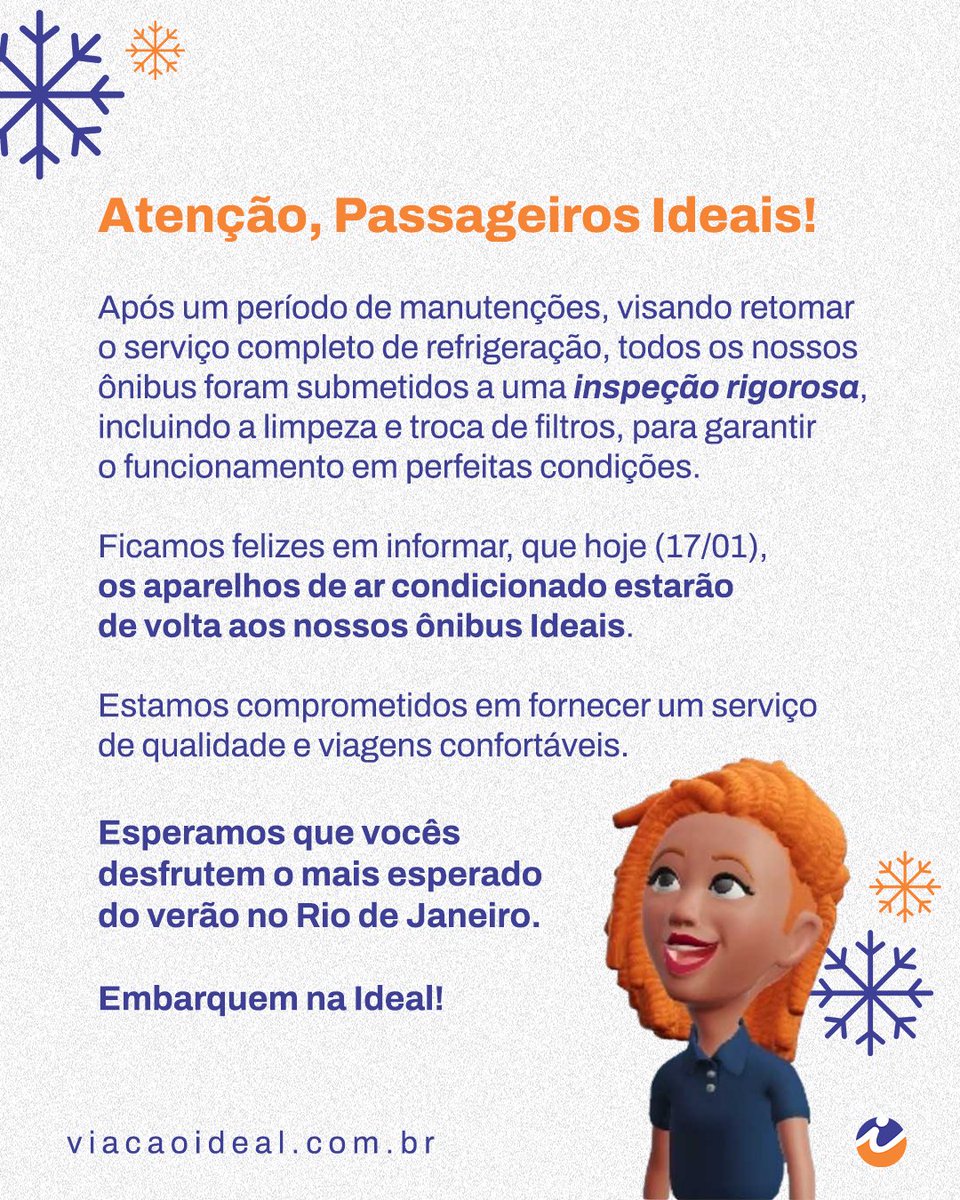 viacaoideal's tweet photo. Climinha de inverno, no verão! ❄️🥶

Estamos muito satisfeitos por trazer de volta o ar condicionado e convidamos vocês a embarcar nos ônibus Ideais! 💙🚌🧡 (+)

#AtençãoPassageiros #ArCondicionado #RetomarServiço #Verão #vaideonibus #vaideideal #transportepúblico #viaçãoideal https://t.co/AoO2gtuW13