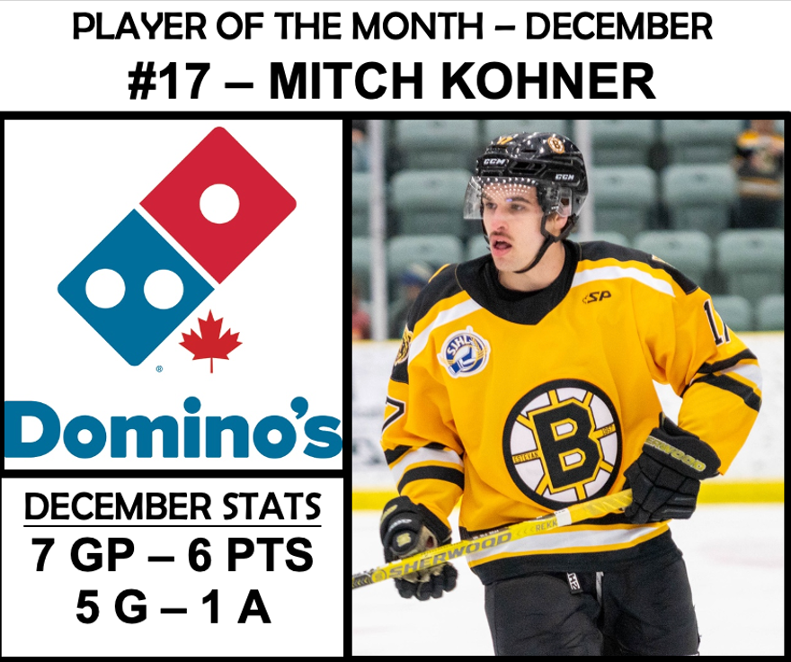 We’re sending a belated Christmas gift to Mitch Kohner, as the forward has been named our Domino’s Pizza ‘Player of the Month’ for December!! 👏

Kohner led the Bruins with 5 goals in December, including goals in three straight games from Dec. 3 - Dec. 7th! Congrats Mitch! 😎