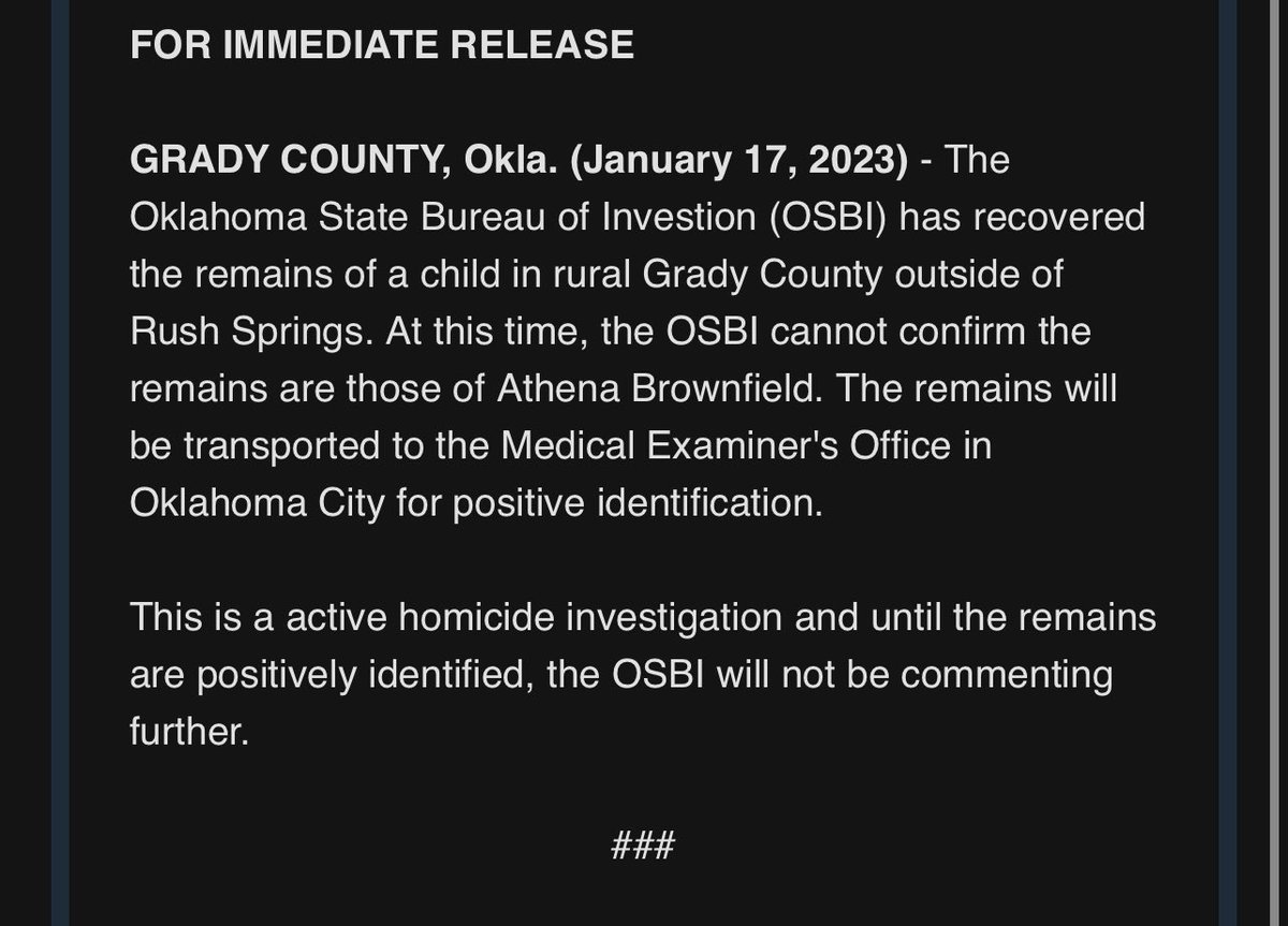 📥INBOX: OSBI says they’ve recovered remains of a child in rural Grady County outside of Rush Springs. 

They cannot confirm if the remains are those of Athena Brownfield. The remains are being transported to the Medical Examiners Office. | <a href="/koconews/">koconews</a>