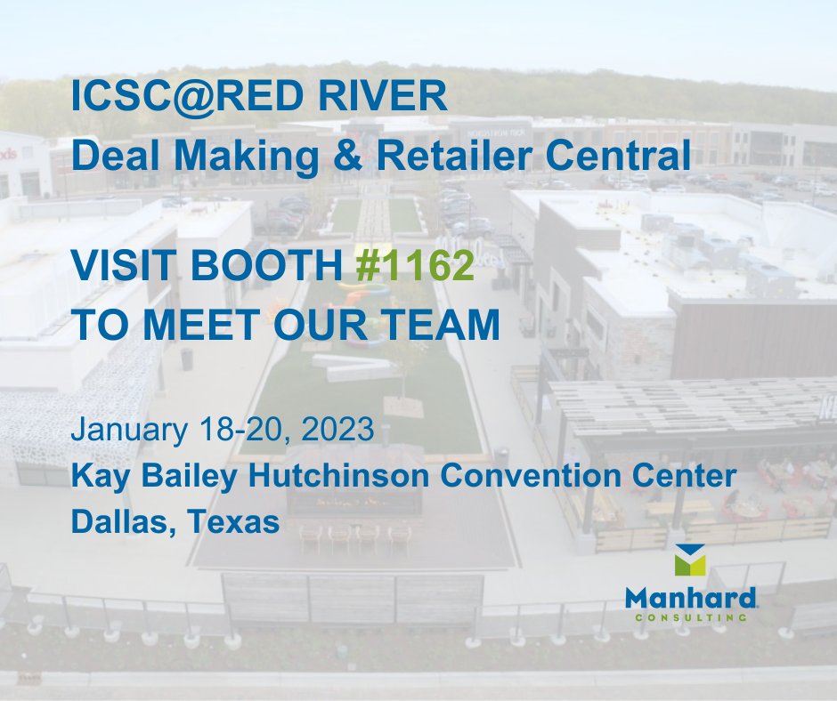 Attending the ICSC@RED RIVER Deal Making &amp; Retailer Central? Stop by Booth #1162 to meet our team! #ICSC #Dealmakers #innovators #Dallas #Retail #Marketplaces #Connections