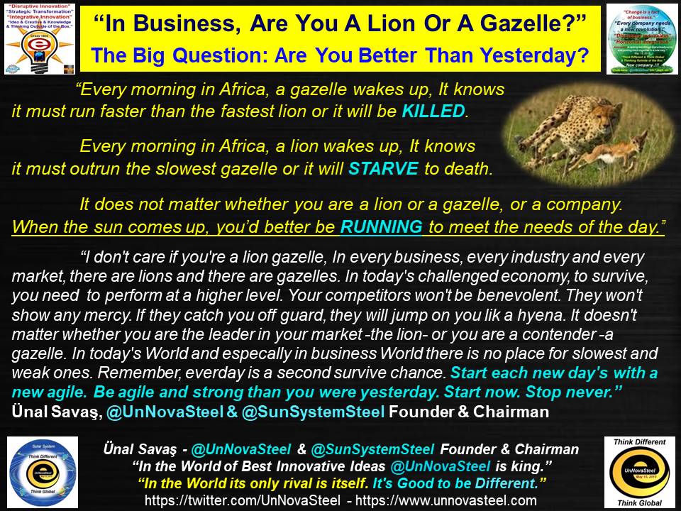 Lions vs. Gazelles: Both are running, but who would you rather be?

#Leadership #Management #CEO #Manager #Employee #Employees #EmployeeExperience  #Busines #BusinessSuccess #CompetitiveMarketing  #BusinessCompetitive #Entrepreneurship #UnNovaSteel #SolarSystemSteelAssociation