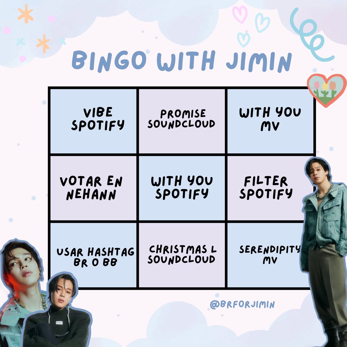 brforjimin's tweet photo. Bingo with Jimin ❤️‍🔥

Para el día de hoy les tengo esta dinámica, vayan completando las dinámicas de cada cuadro para terminar su bingo, las indicaciones estarán debajo de este tweet.

방탄소냔단 지민 #JIMIN #지민 #방탄소년단지민  #ジミン ⁣⁣⁣⁣⁣⁣⁣⁣⁣@BTS_twt https://t.co/YDi1p1gnO2