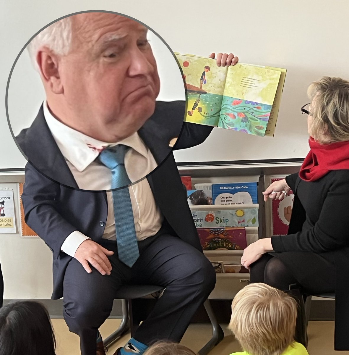 Stowydad's tweet photo. Side note: During @GovTimWalz visit to a St. Paul  kindergarten class, a child noticed blood began showing on his collar and asked him about it. Walz attributed to a shaving incident.

Chief of staff @chrisschmitter gave his boss the shirt off his back before his budget presser. https://t.co/JQJjXYiR5U