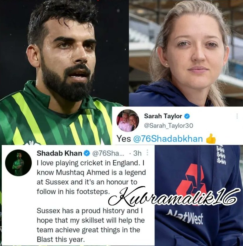 @76Shadabkhan 🤩🙌😭 & Sarah 💁has been Signed by Sussex Sharks for the Vitality Blast this Year Excellent Singing Say Masha'Allah❤️ KING 🇵🇰💘

#shadab #ShadabKhan #ImadWasim #shoaibmalik #Cricket #CricketTwitter #rizwan #Shaheen #Pakistani #WeStandWithBabar #StayStrongBabarAzam