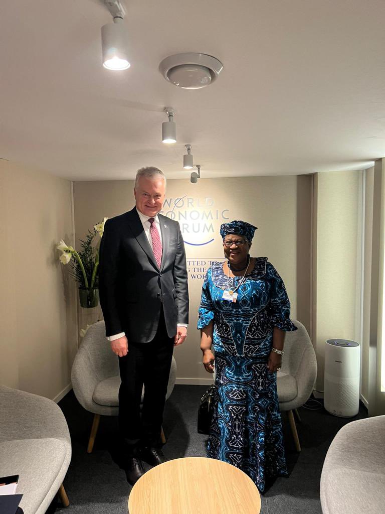 NOIweala's tweet photo. Great to meet His Excellency, President @GitanasNauseda of Lithuania. A strong member of the EU and a supporter of the Multilateral Trading System. https://t.co/efRJQ24LHy