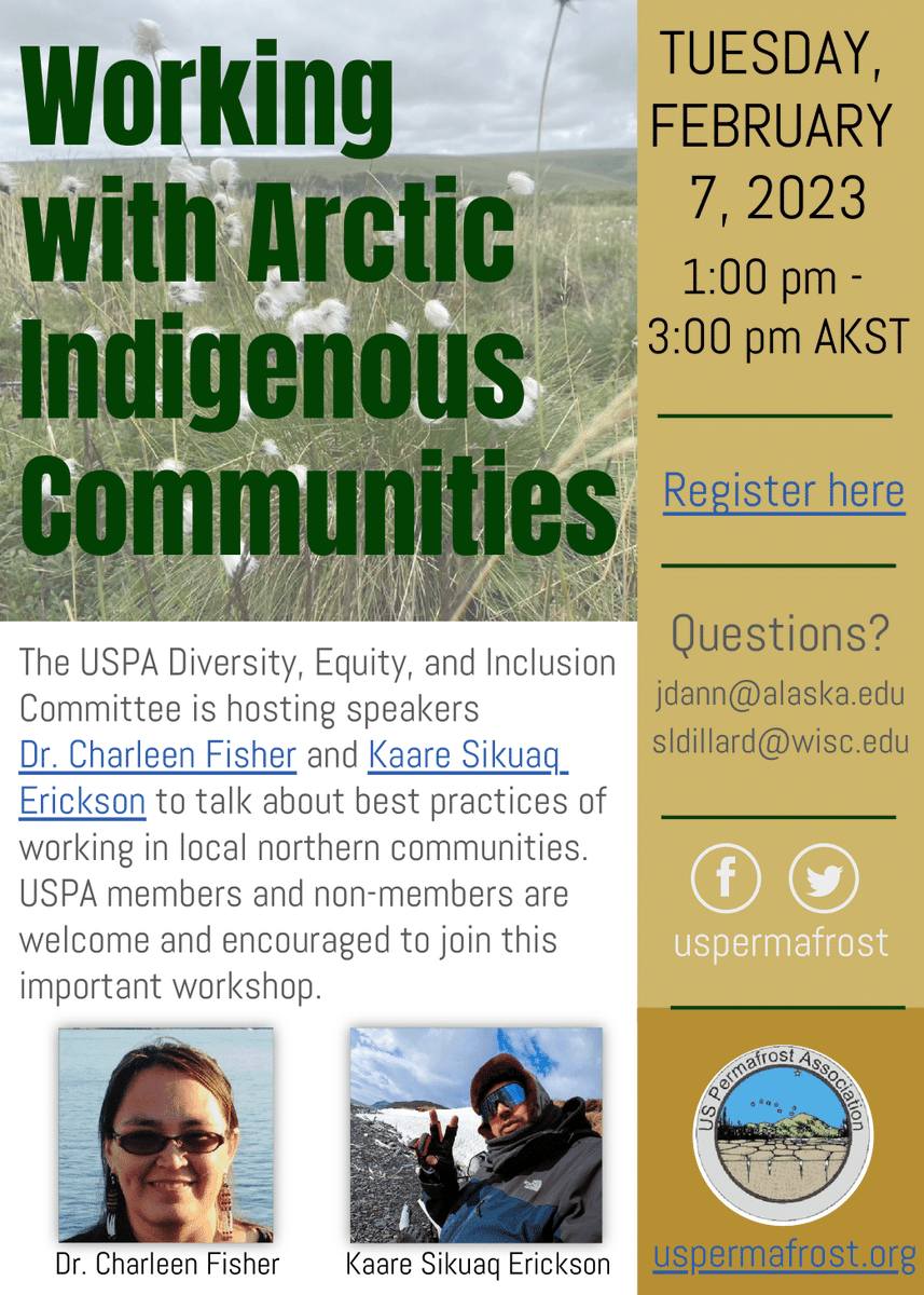 The USPA Diversity, Equity, and Inclusion Committee is hosting a workshop titled "Working in Indigenous Communities" on Tuesday, February 7th from 1 - 3pm AK. 

Join us to learn from speakers: Dr. Charleen Fisher and Kaare Sikuaq Erickson.

Register Here: alaska.zoom.us/meeting/regist…