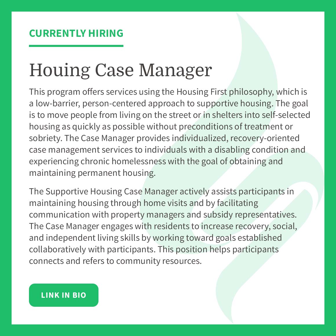 Apply: bit.ly/3HcbiwO

#supportivehousing #casemanager #milwaukeejobs #milwaukeewi #nonprofitcareers #nonprofitjobs #nonprofit #housinginsecurity #mentalhealth #substanceusedisorder #nonprofitcareers #housingfirst #housing