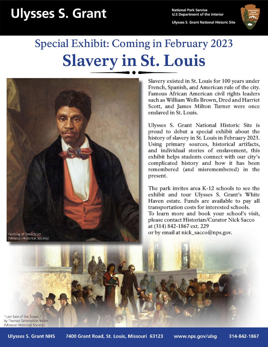 Hey, everyone! We've been strangers on this platform as of late, but we're still here. 

We have a special exhibit about the history of slavery in St. Louis debuting at the park next month. We invite all to come see the exhibit this year, especially area schools. #ULSG