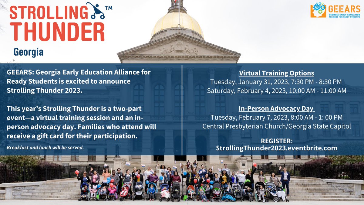 GEEARS's tweet photo. We're excited to invite families of children ages 0 to 5 to attend our 6th annual Strolling Thunder! Join us for advocacy training, visits with legislators at the Capitol, food, giveaways, a photo booth, and more! Register here: https://t.co/b1UGmhAFhh https://t.co/aCQCY2ikO3