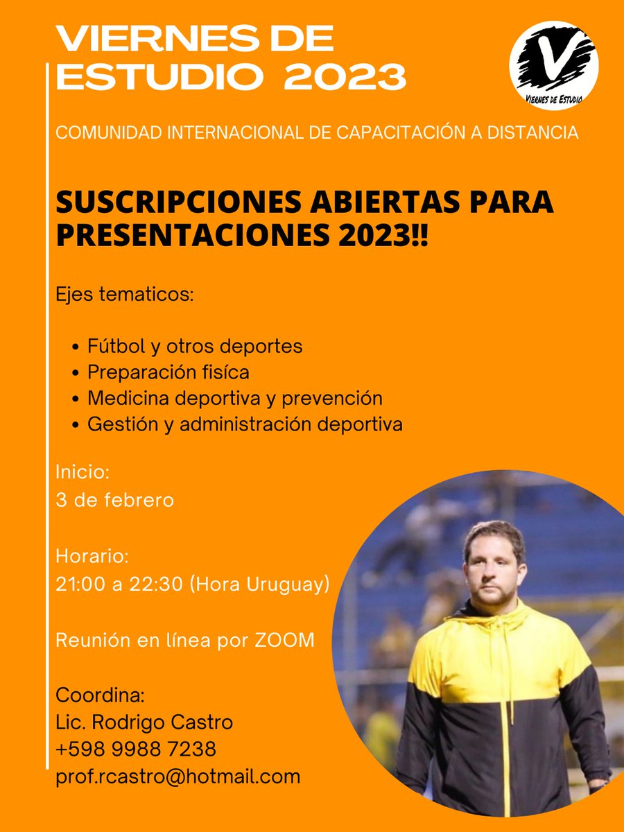 Comenzamos un nuevo ciclo anual de capacitación permanente en VIERNES DE ESTUDIO! 

Suscribete para formar parte de nuestra comunidad de personas relacionadas al deporte en sus múltiples facetas.

Coordina:
Lic. Rodrigo Castro 
<a href="/rodricastro20/">Rodrigo Castro</a>
<a href="/viernesdeestud1/">Viernes de Estudio 2023</a>
+598 9988 7238