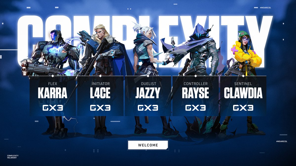 Complexity's tweet photo. Complexity // GX3 // 2023

WELCOME:
@Jazzyk1ns 
@rayseFPS 
@akaL4CE 
@karraof 
@clawdiache 
Coach - @slothsuu 
Manager - @alimonstr

#COLGX3 #WeAreCOL https://t.co/OxGTKNDiaS