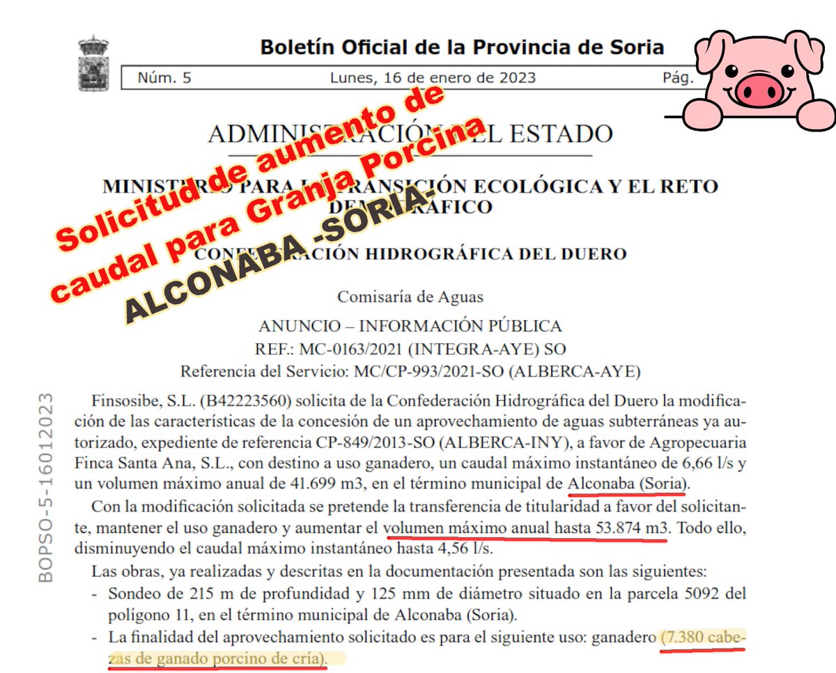 ASDEN_Soria's tweet photo. Ampliación de caudal de agua del acuífero para #Macrogranja #Porcina en #Alconaba #Soria.
#InformacionPública:
https://t.co/kQp1vdvbfd https://t.co/25Rvip1iSY