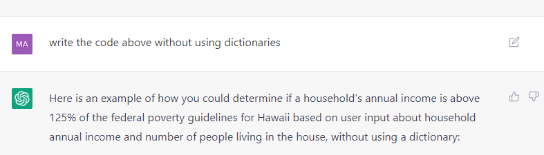 MatthewLawTech's tweet photo. Out of curiosity I put in the first HW assignment for Coding for Lawyers into ChatGPT. It solved it but used coding elements not taught yet, making it obvious. So I told it to rewrite it without using those elements and the answer could easily fool me if a student turned it in. https://t.co/h95TqF2Su8