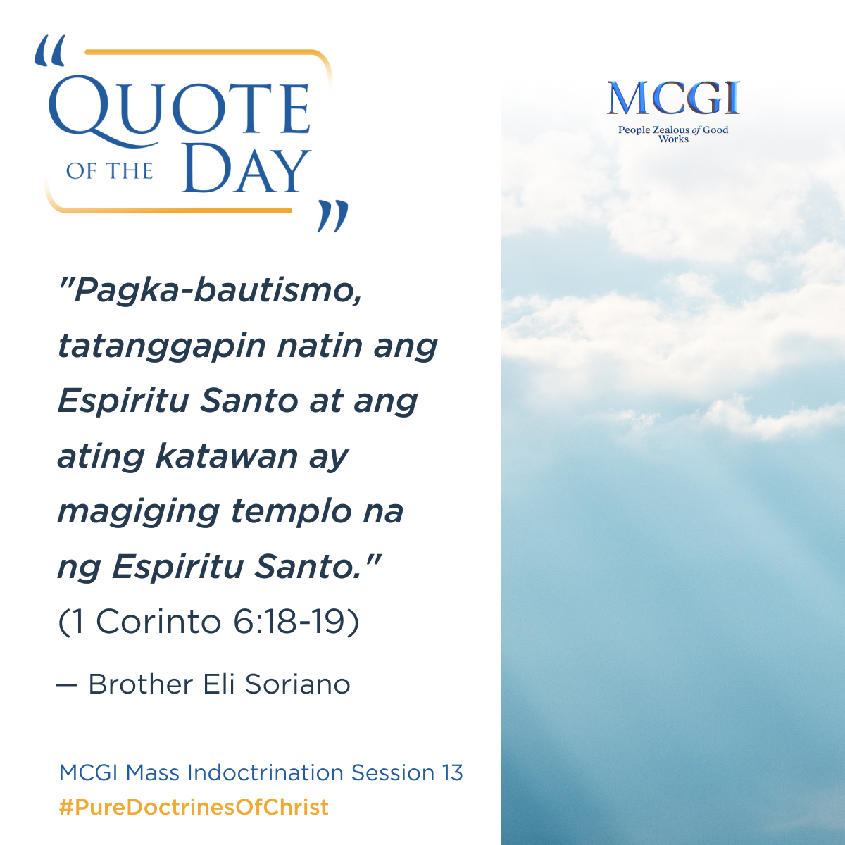 AngDatingDaanTV's tweet photo. “After baptism, we will receive the Holy Spirit and our bodies will be its temple." (1 Corinthians 6:18-19)

— Brother Eli Soriano, MCGI Mass Indoctrination Session 13

True Baptism
#PureDoctrinesOfChrist https://t.co/eThUBuaDXk