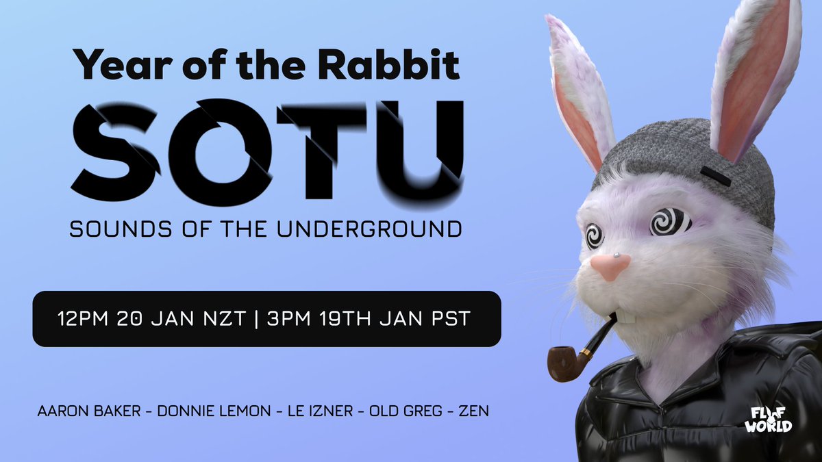 flufworld's tweet photo. 🐰 Fluffle, it's time to boogie. Our Year Of The Rabbit SOTU is almost here!

Your fan favourite DJs are taking over our Discord with their funky beats and good vibes.

🔗 https://t.co/0cjScMjTql
📆 Jan 20th, 12pm NZT | Jan 19th, 3pm PST

Make sure you tune in!
#FLUFWorld https://t.co/fLJqik6Lxl
