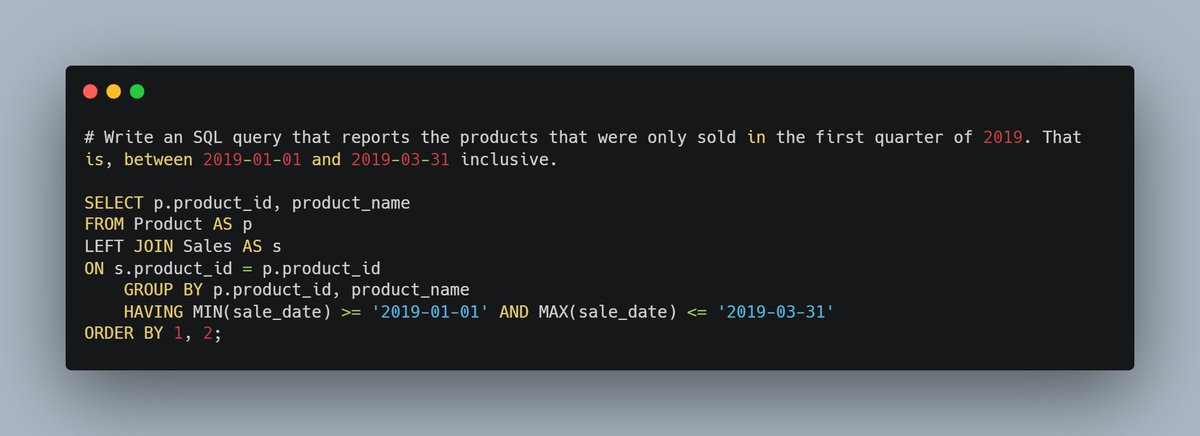 VizWithVictory's tweet image. Week 25 SQL challenge with @LLCdatainmotion.

This week we were asked to write an SQL query that:

1. Reports the product that were only sold in the first quarter of the year

2. Find all the authors that viewed at least one of their own articles.

#sqlchallenge #DataScience #SQL