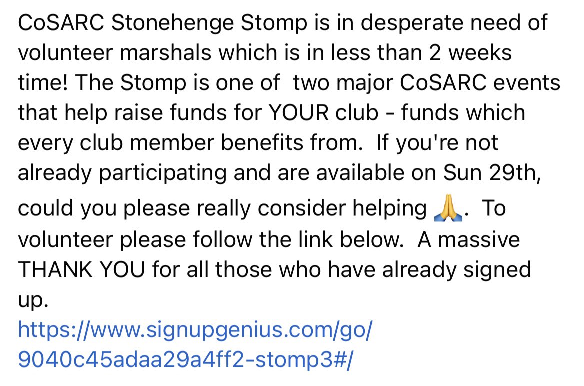 CoSARC Stonehenge Stomp is in desperate need of volunteer marshals which is in less than 2 weeks time! The Stomp is one of  two major CoSARC events that help raise funds for YOUR club - funds which every club member benefits from. Sign up here
signupgenius.com/go/9040c45adaa…