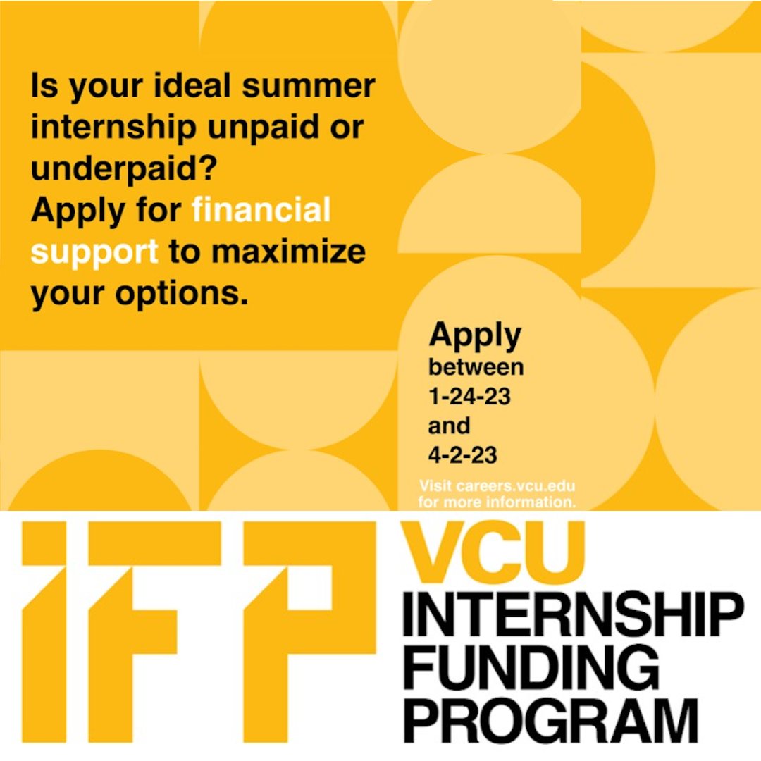 VCUCareers's tweet photo. Shift your focus to developing the skills you need for your career goals, and apply for IFP. Summer 2023 applications open January 24th and remain open until April 2nd. Head to the link in our bio for more information
#VCUCareerServices #Internships #GoalGetter #VCUStrong https://t.co/1nKr31TM1K