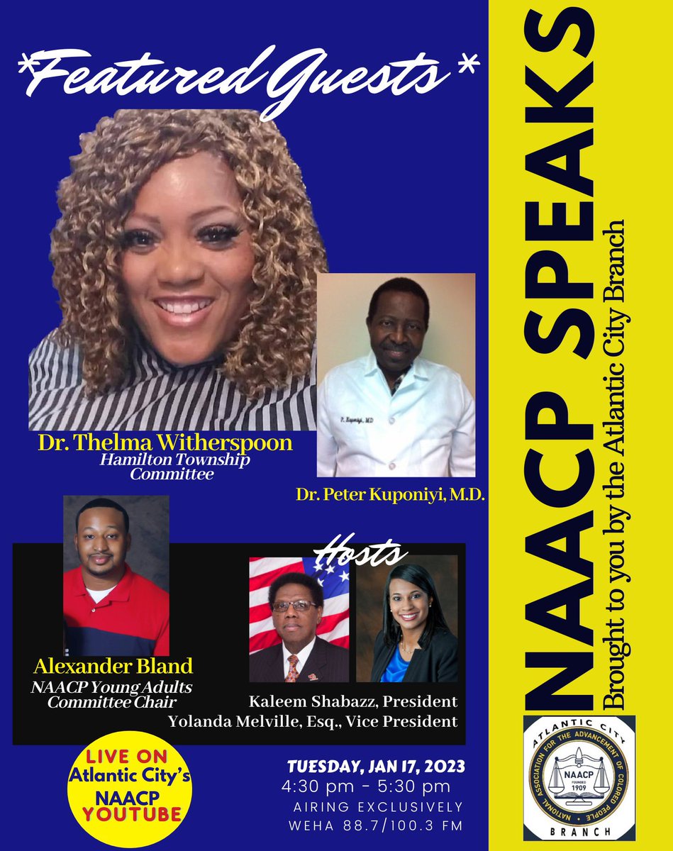 Tune In!
“NAACP SPEAKS" Radio Show
Tuesday, January 17, 2023
4:30PM - 5:30PM ET

Stream at radio station: @WEHAVEGOSPEL 88.7 FM &amp; 100.3 FM 

Viewers can also watch on our YOUTUBE! LINK IN BIO — bit.ly/NAACPAtlanticC… 
(Please Subscribe &amp; Share!)