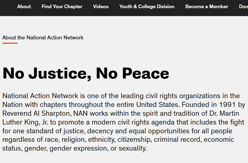 The motto of the National Action Network that Biden is speaking to here is 'No Justice, No Peace'. The media would call any right-wing equivalent with such a motto a terrorist organization and demand the resignation of any politician supporting it.