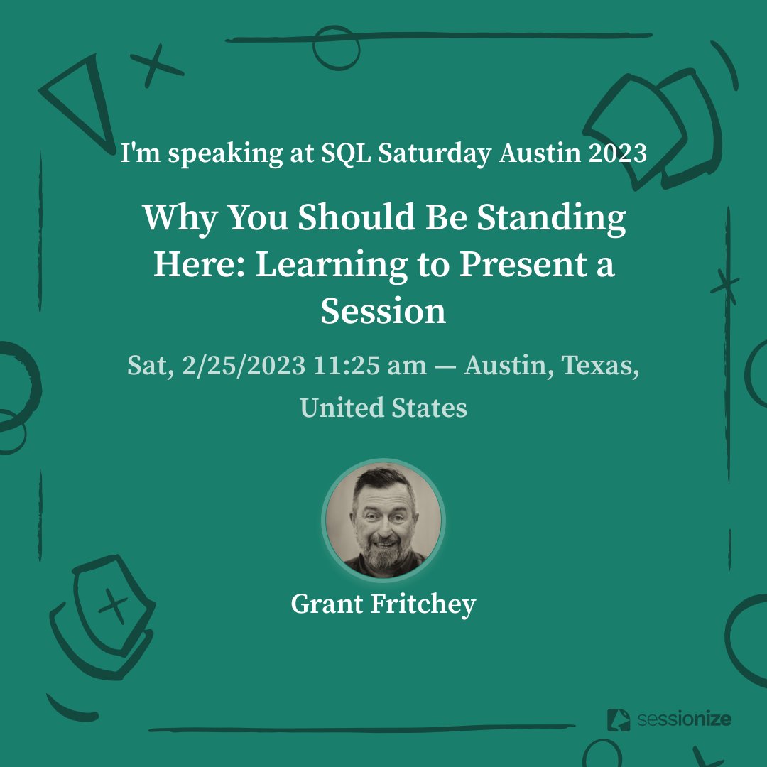 GFritchey's tweet image. Excited! I'm going to be in Austin for #SQLSaturday on the 25th next month. I'm most excited because I'm finally going to be able to give my session "Why You Should Be Standing Here" for a second time. 
Come learn why you should learn to present sessions and then how to do it.