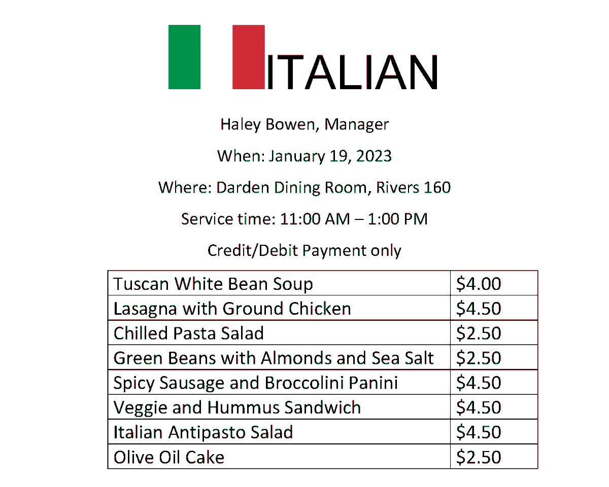 Enjoy an Italian themed menu this week and support the efforts of our @ECUNUTR seniors enrolled in their Quantity Foods Lab - delivery to the Health Sciences Building and pickup in Rivers: epay.ecu.edu/nutrition @ecuppac @ECUDARS @ecu_csdi @ecuhsim @dpt_ecu @EastCarolina