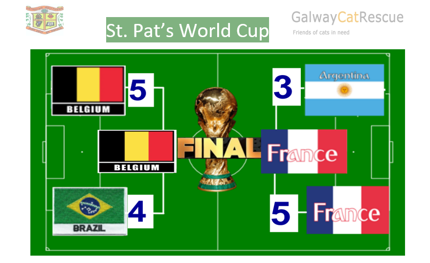 StPatsGalway's tweet photo. Our world cup semi-finalists were revealed today following an electrifying tournament over the past month and two exciting penalty shootouts in the final rounds⚽️The tournament raised €200 for #GalwayCatRescue. 
Belgium vs France will take place next week🌍🏆 https://t.co/wloMxDALxI