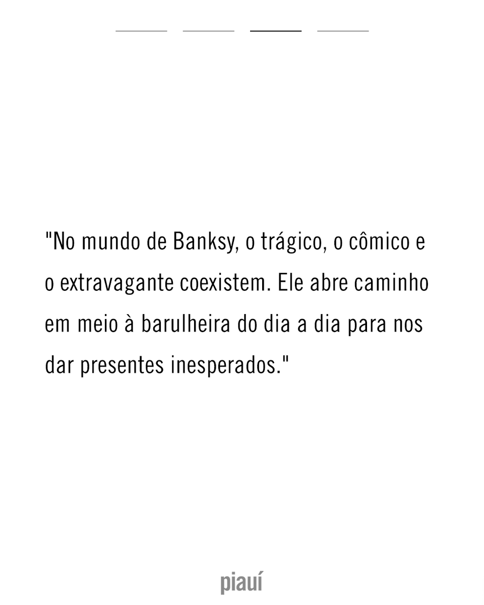 revistapiaui's tweet photo. A ARTE SEGUNDO BANKSY: Deveria confortar os que estão perturbados e perturbar os que estão confortáveis. Na piauí de janeiro, a trajetória do rebelde das ruas consagrado no mercado de arte - que ele próprio sempre criticou. Por @damianplatt
Leia: https://t.co/MxmX6nKEyy https://t.co/iy7QewWkZ6