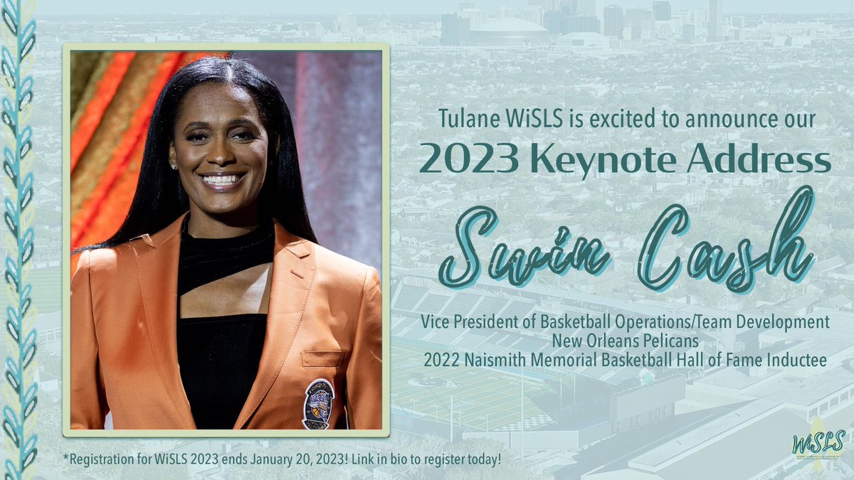 tls_WiSLS's tweet photo. ⚜️ LAST CHANCE TO REGISTER ⚜️

We are so excited to announce our Friday Keynote Address featuring @pelicansnba Vice President of Basketball Operations/Team Development and 2022 Naismith Memorial Basketball Hall of Fame Inductee, Swin Cash! https://t.co/4PQMscDSlV