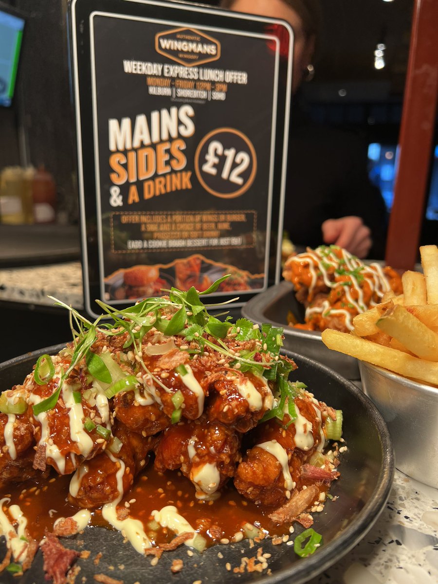 Weekday Lunch for just £12 at Wingmans!🔥
Choice of Main, Side &amp; Premium Beverage or Soft Drink 🍻 

Tag your lunch date and get your wings on!🍗