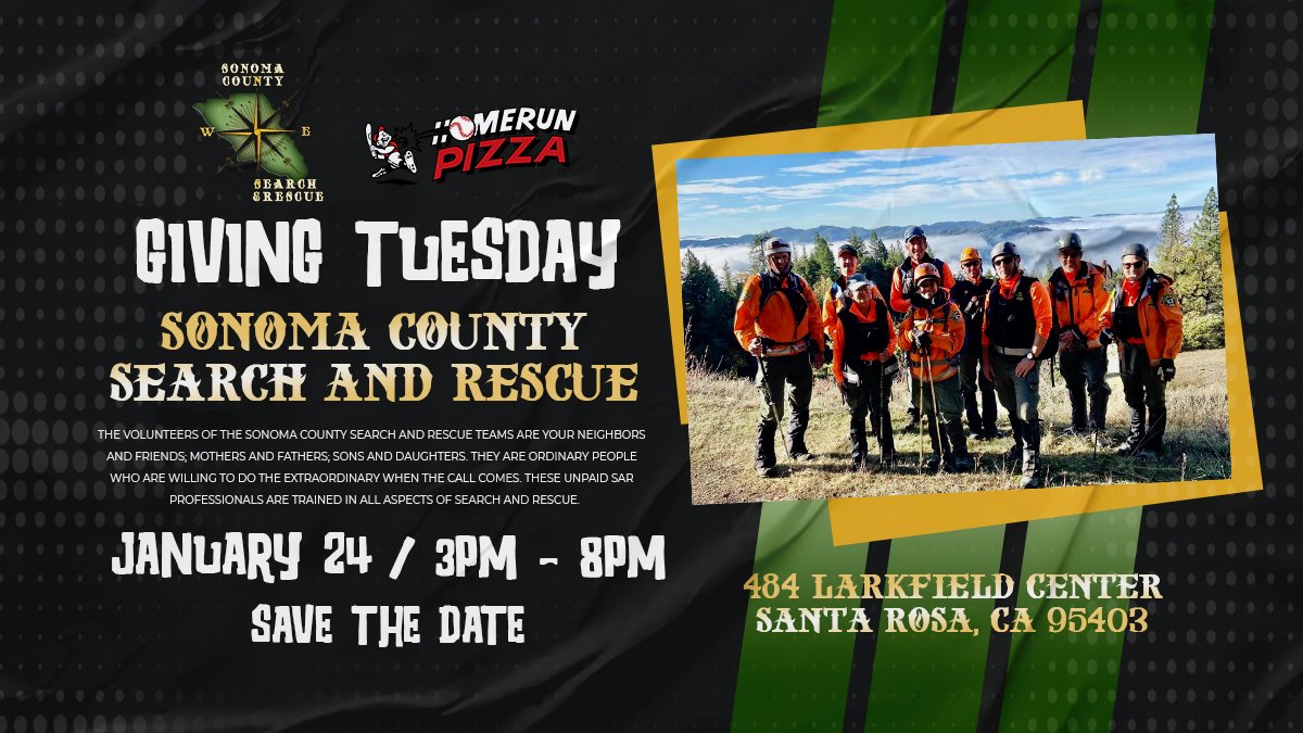 SAVE THE DATE! Giving Tuesday NEXT week 1/24 for Sonoma County Search & Rescue!  ⛑️ ⛑️ 🔦 🔦#communitysupportingcommunity #Pizza #PizzaPizzaPizza #GivingTuesday #pizzaLover #SantaRosa #beer #hrpizza #getknuckleballs 