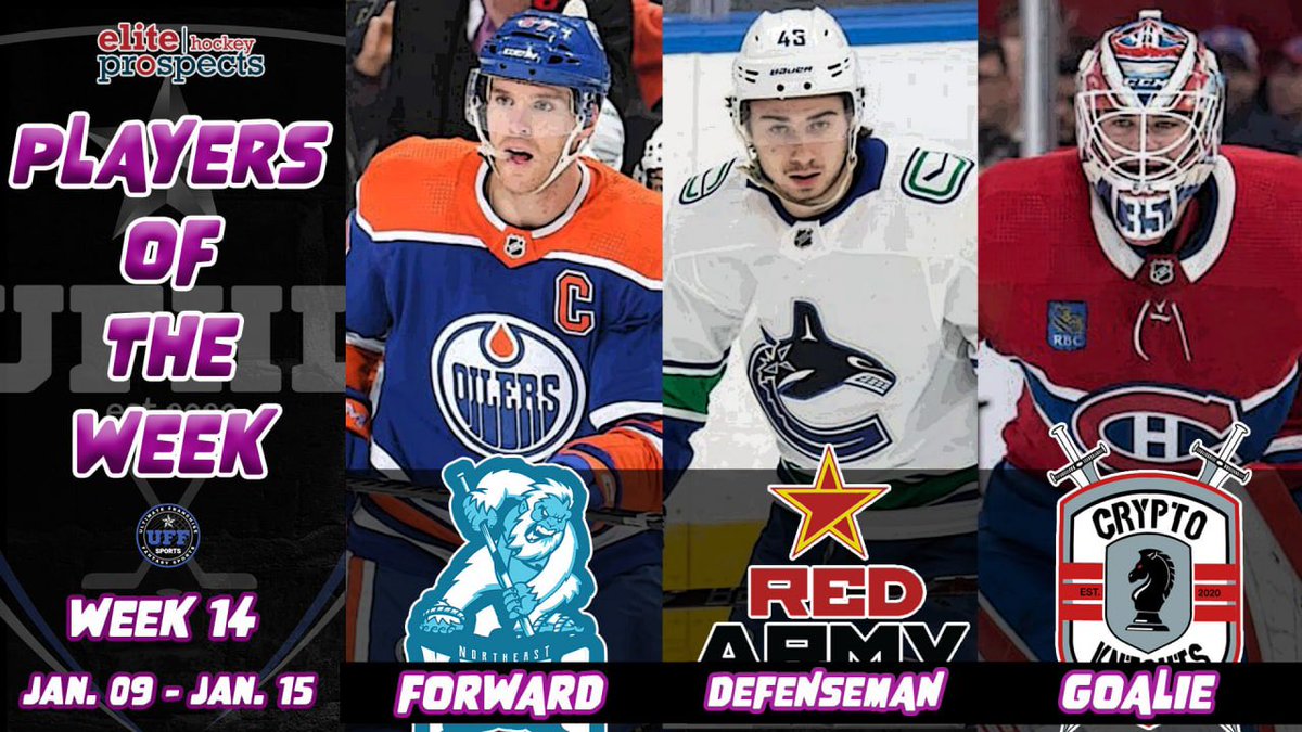 🚨PLAYERS OF THE WEEK🚨

<a href="/eliteprospects/">Elite Prospects</a> presents the #UFHL’s Players of the Week!

F - Connor McDavid - 27.91 fpts
      <a href="/YetisUFHL/">Northeast Yetis HC</a> 

D - Quinn Hughes - 24.40 fpts
      <a href="/RedArmyUFHL/">Red Army</a> 

G - Sam Montembeault - 24.00 fpts 
      <a href="/CK_UFHL/">Crypto Knights</a> 

#FantasyHockey
