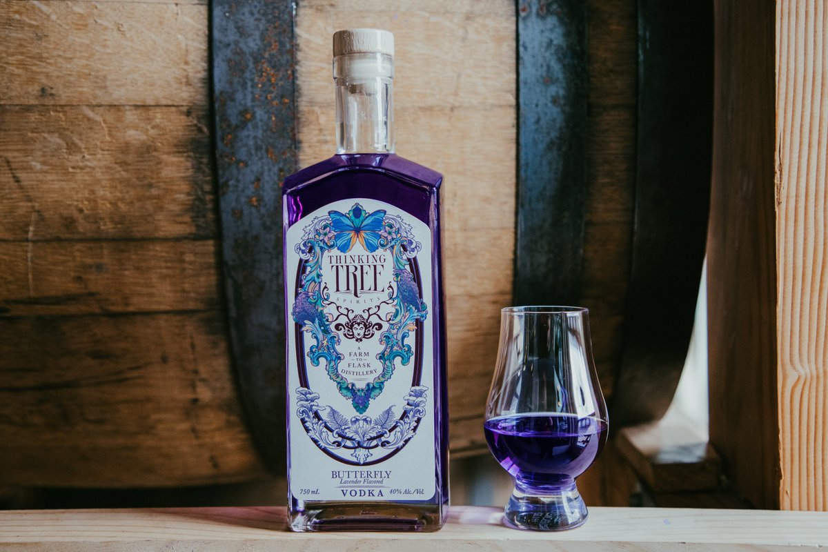 🦋Butterfly Lavender Vodka is here! Infused with the gentle essence of #Oregon lavender and vanilla we offer you an alchemy of premium #vodka inspired by the rich night skies of the #Northwest. A true taste for the tongue and a feast for the eyes! thinkingtreespirits.com/butterfly-pea-…