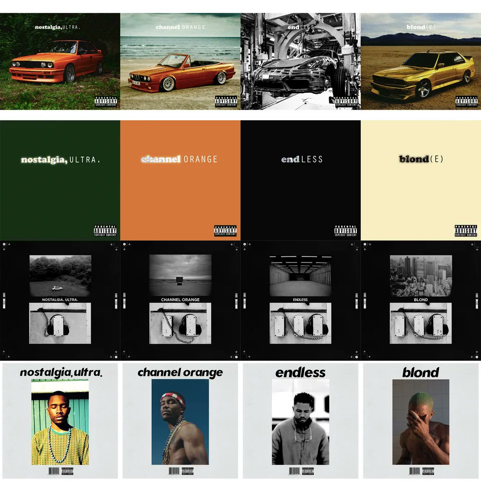 ComplexMusic's tweet photo. All of Frank Ocean's album covers in the style of each other

(🎨 u/butstaywoke) https://t.co/Cp87QhZxhc